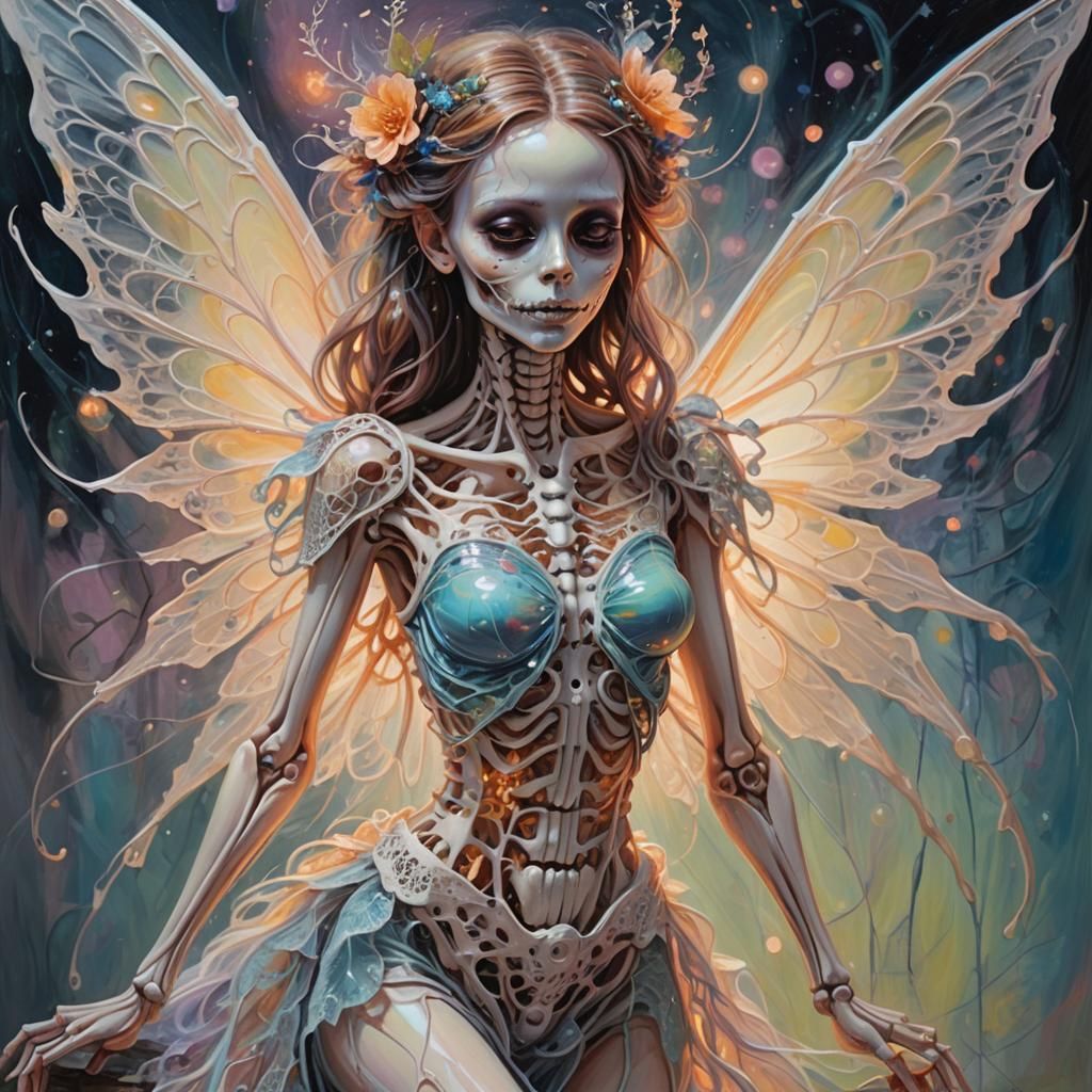 Whimsical Skeletal Fairy in Ethereal Oil Painting