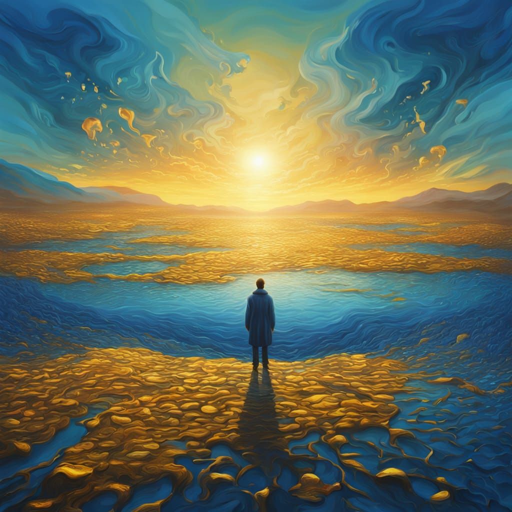Surreal Figure in Vibrant Blue Landscape