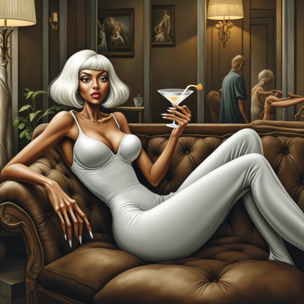 Platinum Bob Beauty in White Latex Catsuit