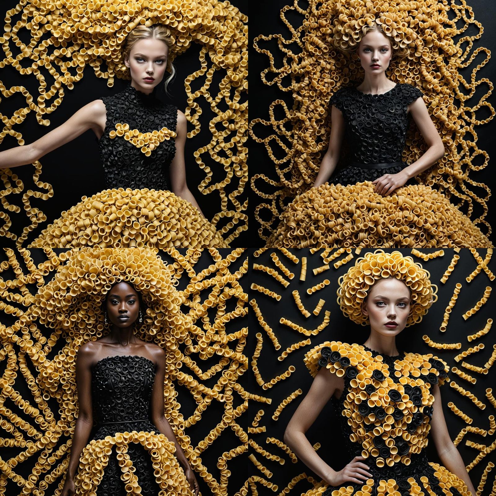High fashion shoot, model with dress made of pasta noodles, ...