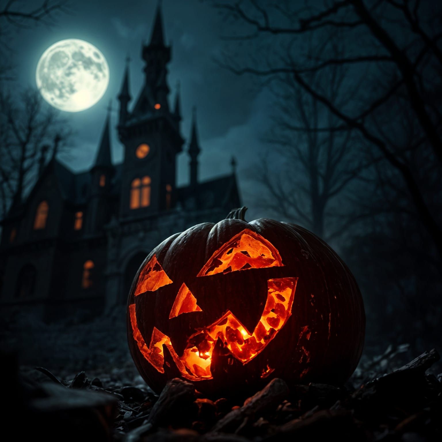 Smoldering Ash Pumpkin with Castle in Dark Fantasy Style