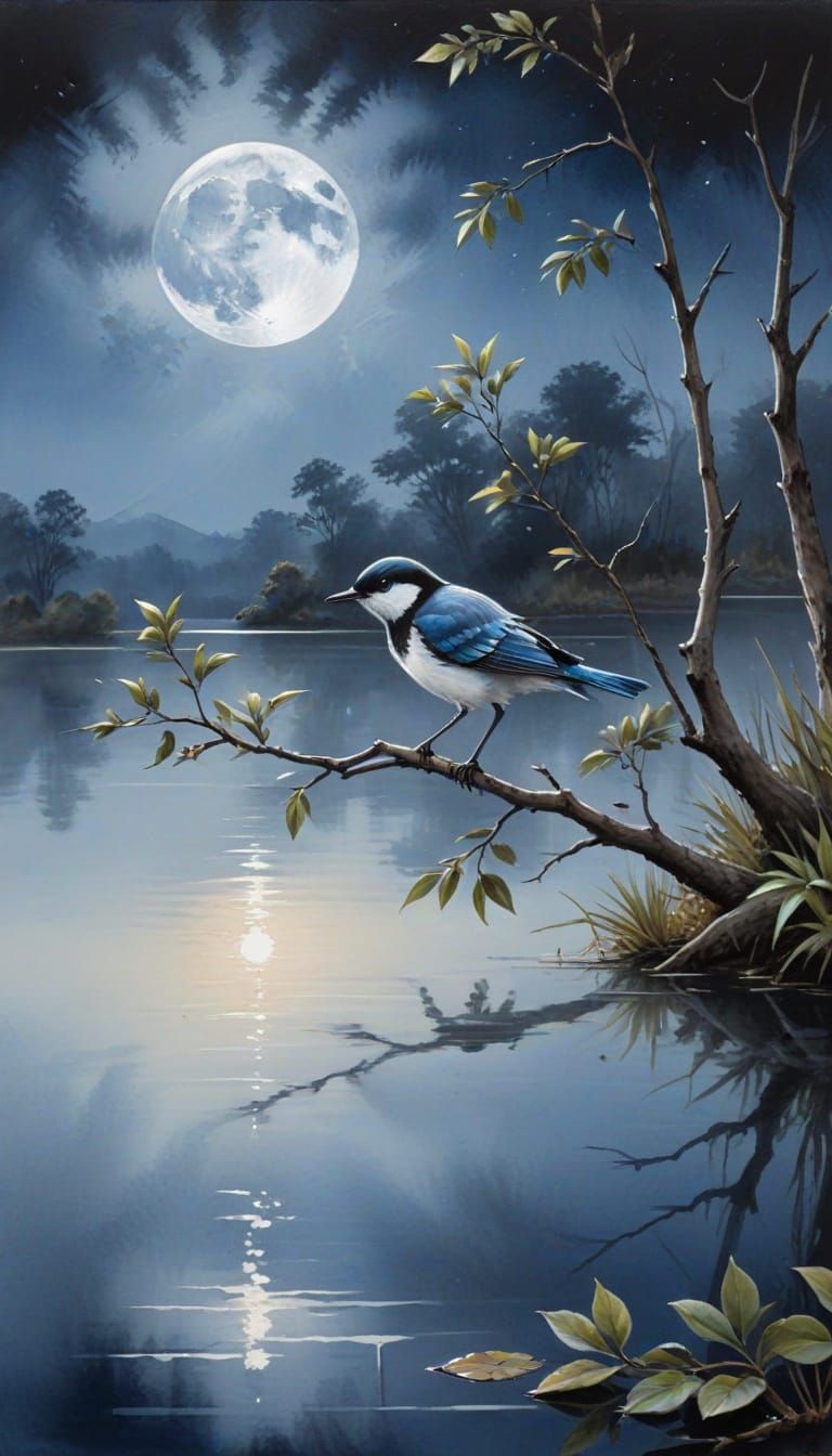 Watercolor Painting of Bird Under Moonlight