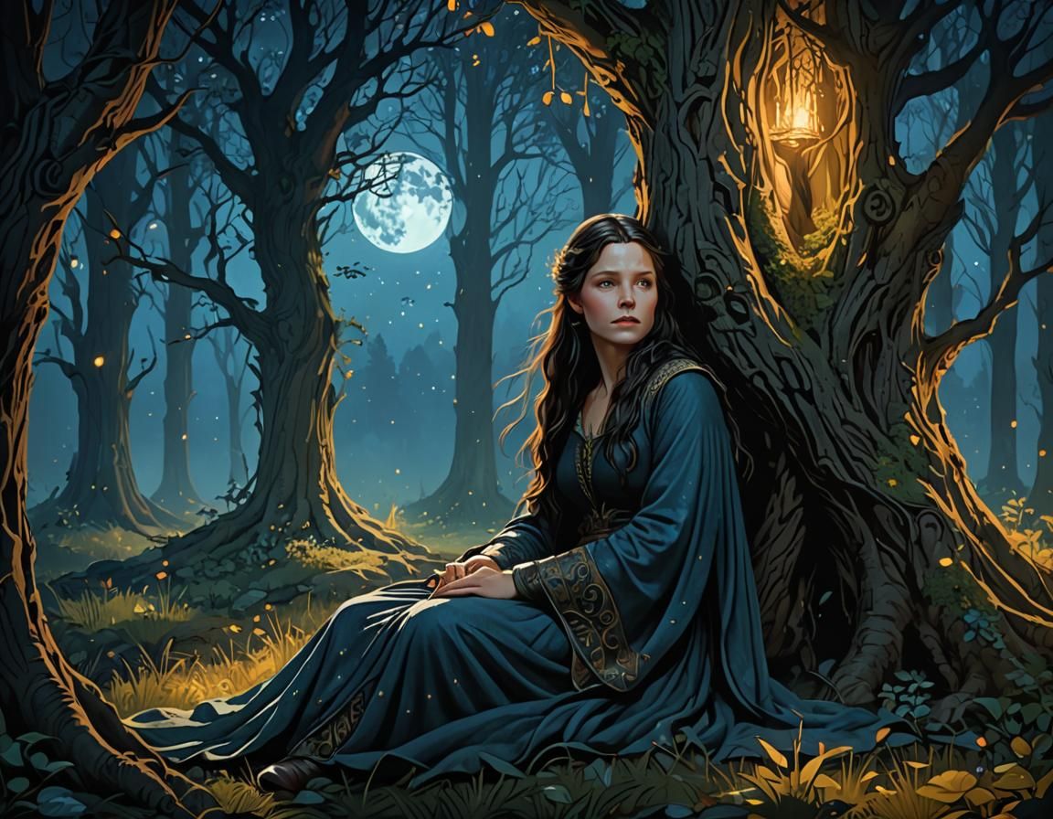 Arwen Hiding, Aragorn Sleeping in Forest, Mucha Style