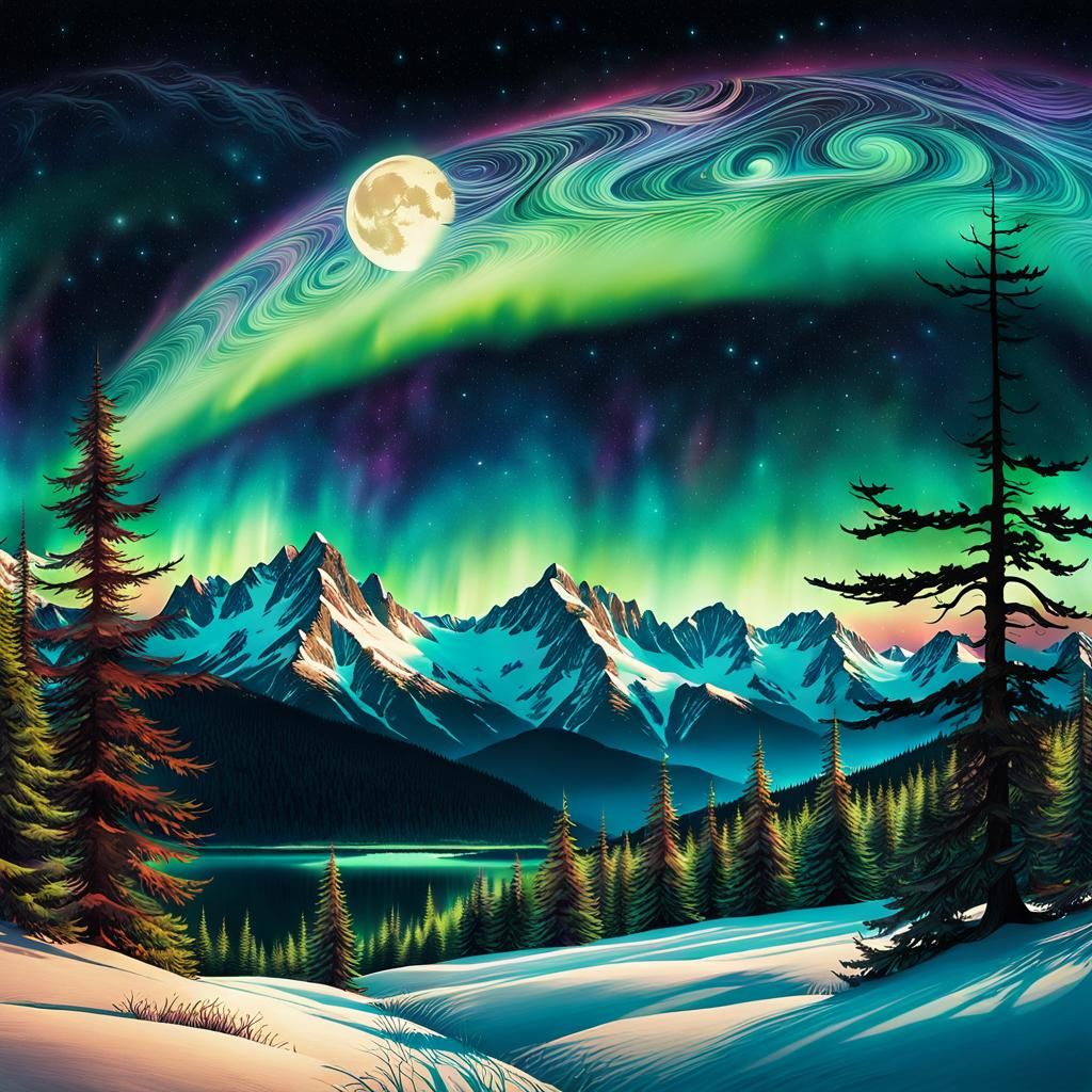 Moonlit Mountains with Northern Lights: Vintage Digital Art
