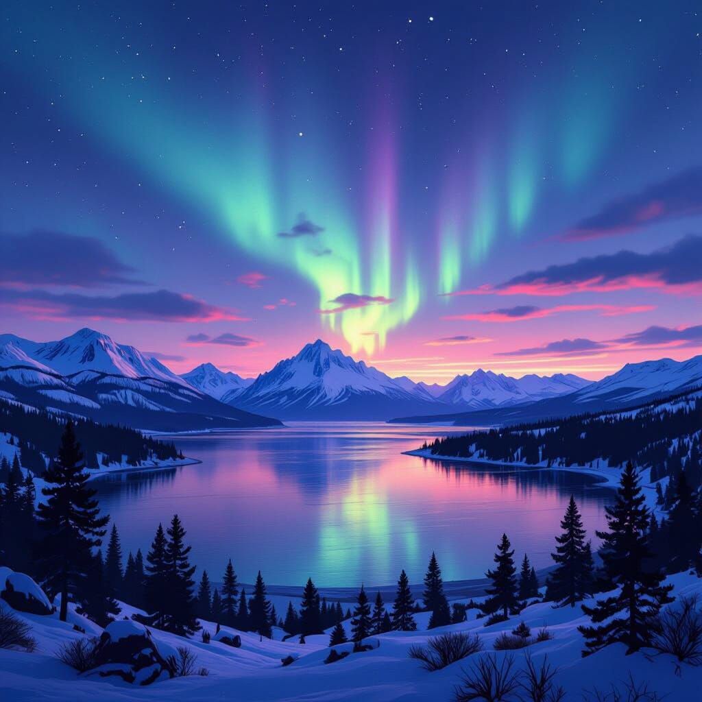 Yellowstone Lake Aurora Borealis: Matte Painting Landscape
