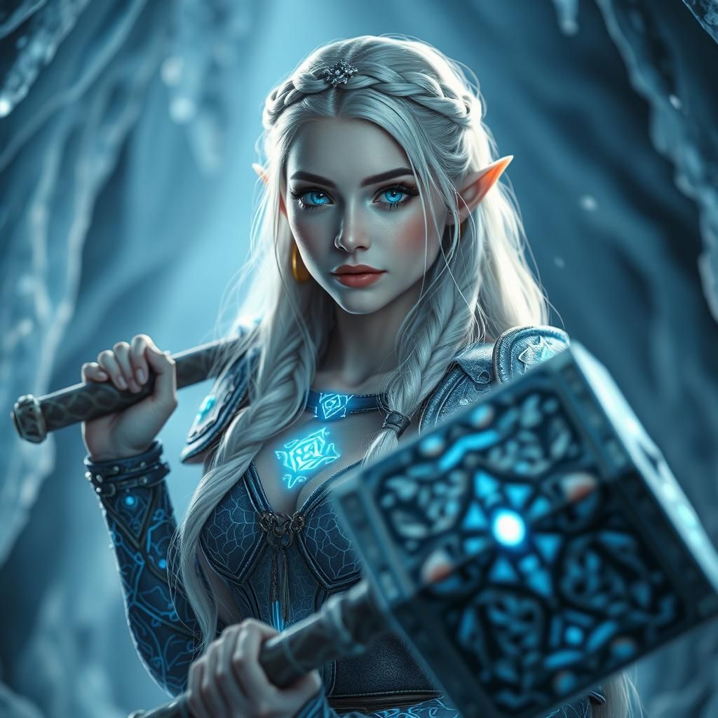 Hammer-Themed Elf Warrior in Crystalline Cavern