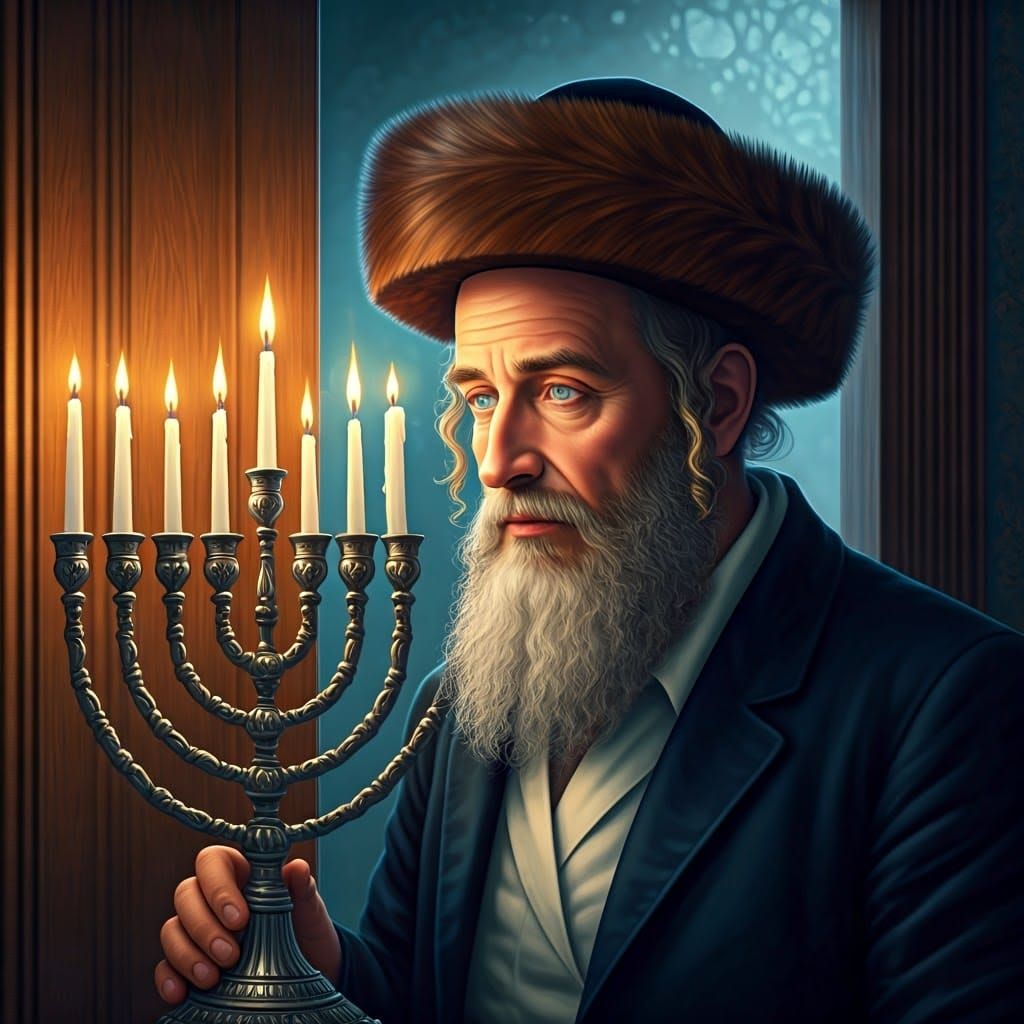 Hasidic Jew Lights Menorah in Hyperrealistic Style
