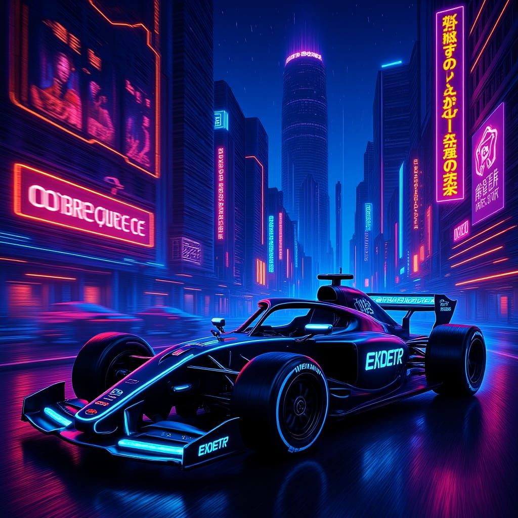Cyberpunk Race Car Speeds Through Neon Cityscape