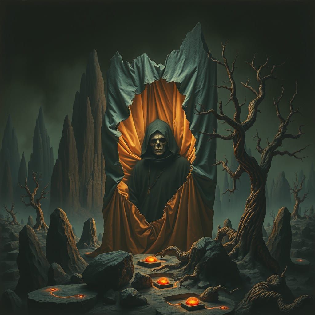 Surrealist Dark Fantasy Masterpiece with Hooded Figure and E...