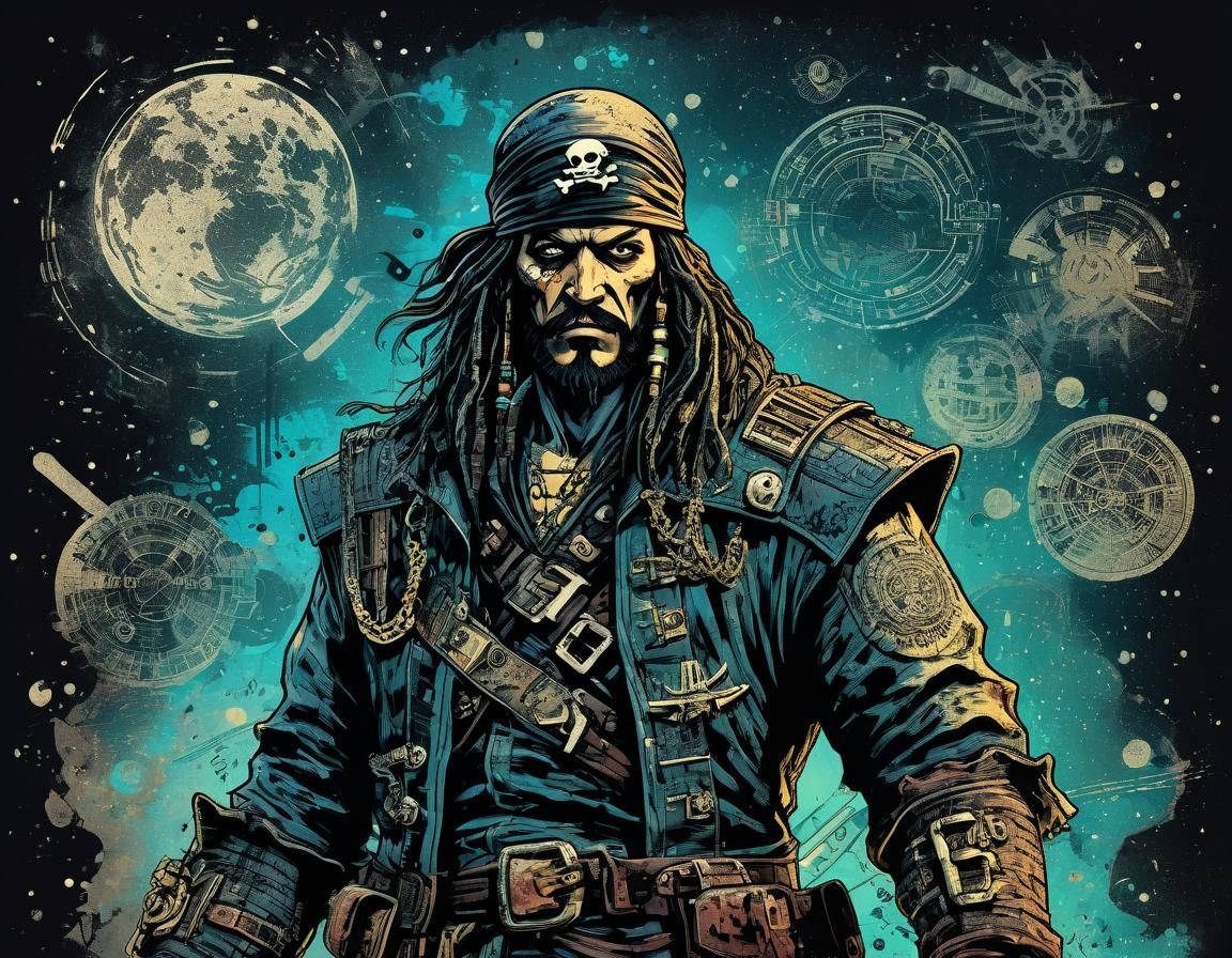 Cyberpunk Space Pirate Wanted Poster with Comic Book Inking