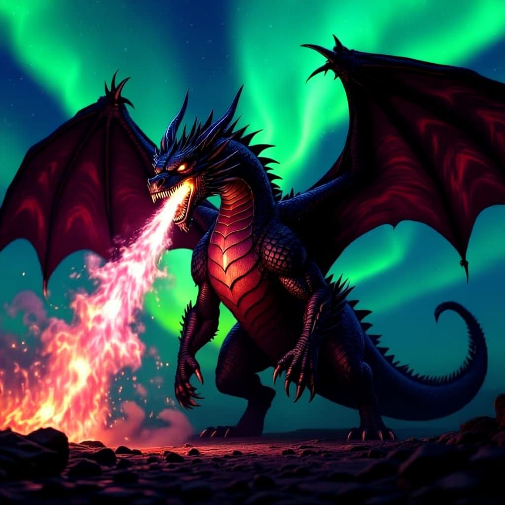 Realistic Red and Black Dragon with Four Wings