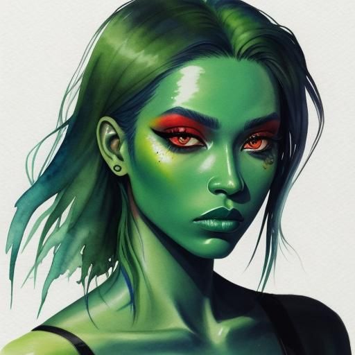 Watercolours - sad model portrait, red eyes, green hair, blu...