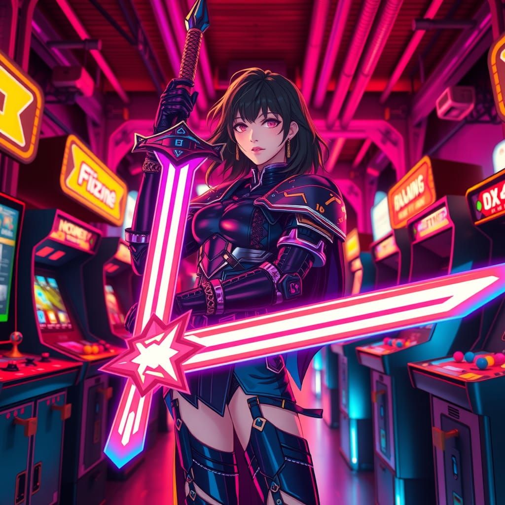 Retro-Futuristic Tohsaka Rin in Neon Arcade