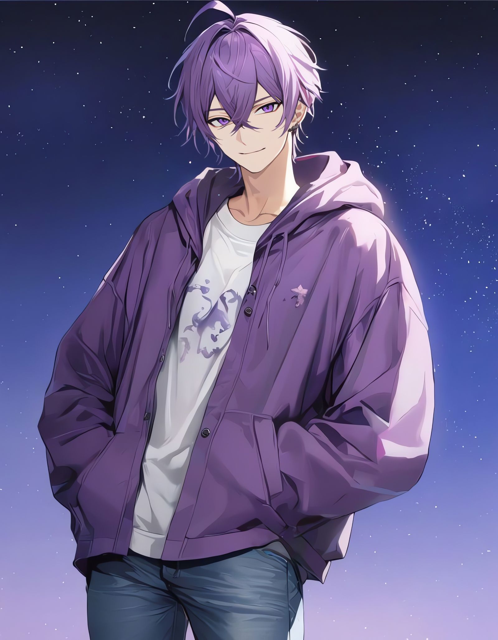 Bishounen with Starry Hoodie and Purple Hair