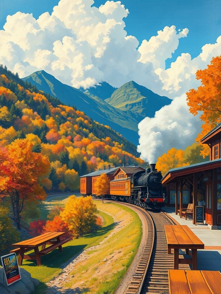 Steam Train Through Valley in Expressionist Style