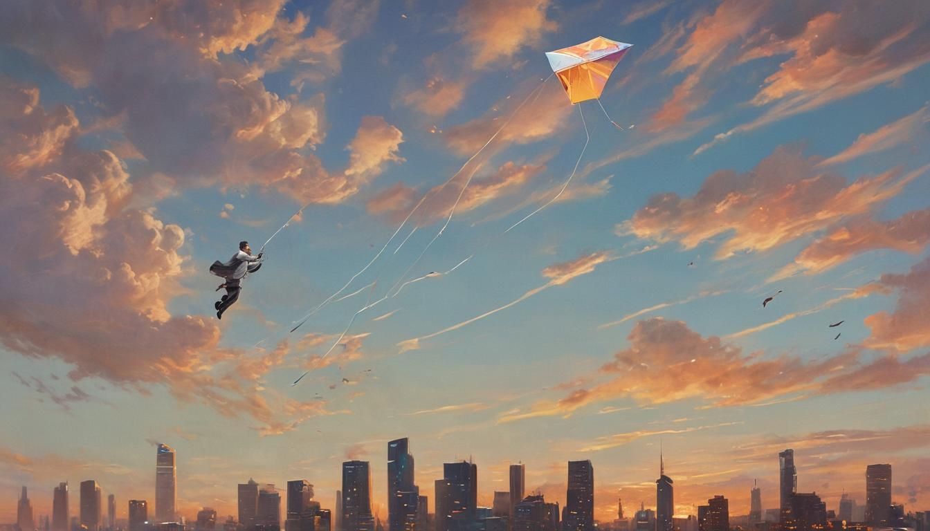 Businessman Flying Kite in Futuristic City, Surreal Oil Pain...