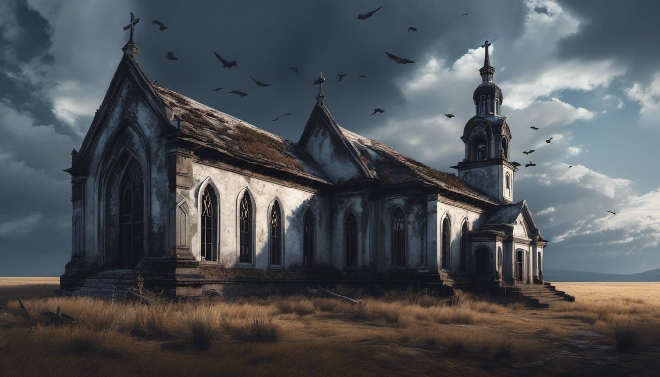 Decaying Church in Abandoned Prairie: Horrorcore Masterpiece