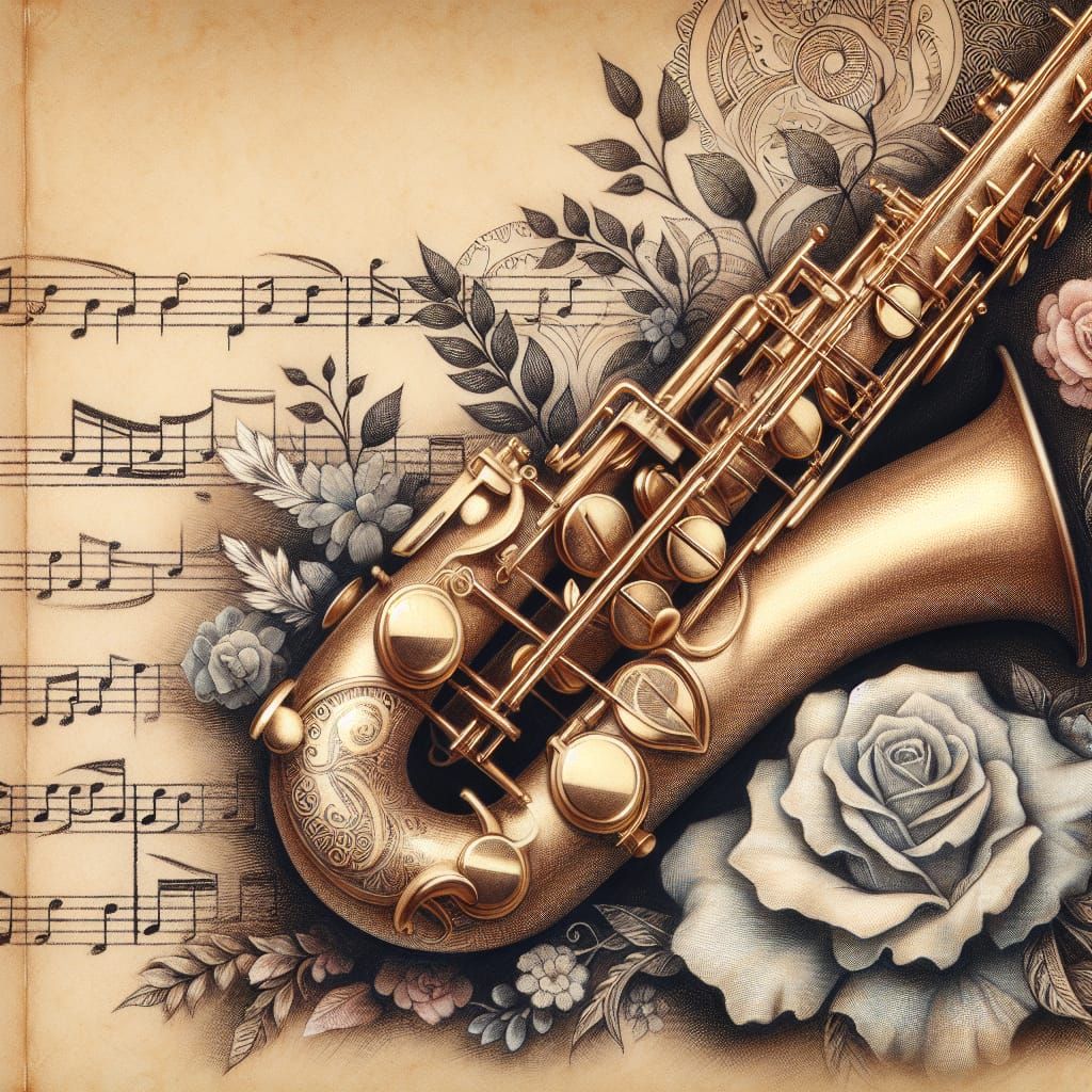 Golden Saxophone on Floral Sheet Music in Charcoal