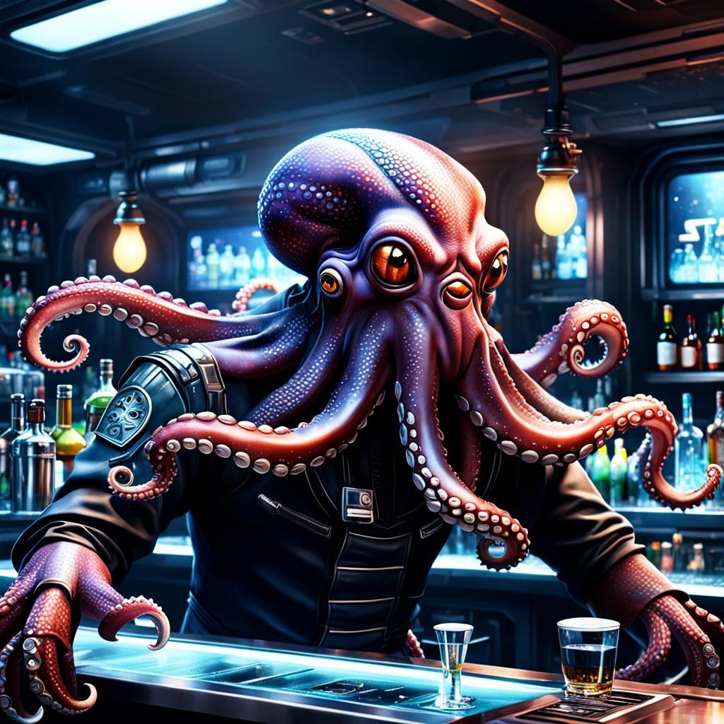 Bartender Octopus in Space Bar, Star Wars Style