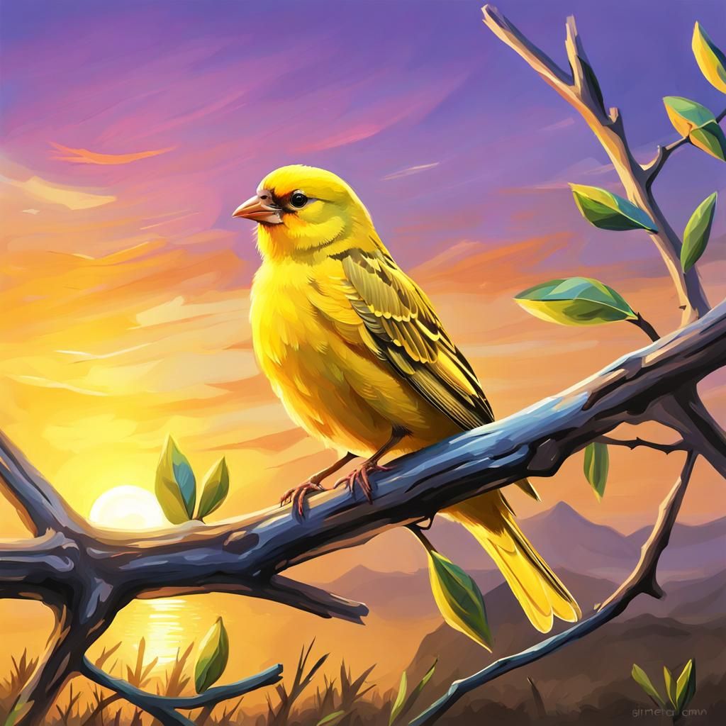 Yellow Canary Bird on Branch at Sunset