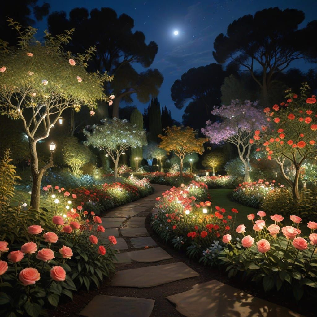 Blossoming Garden Scene with Vibrant Hedges and Romantic Glo...