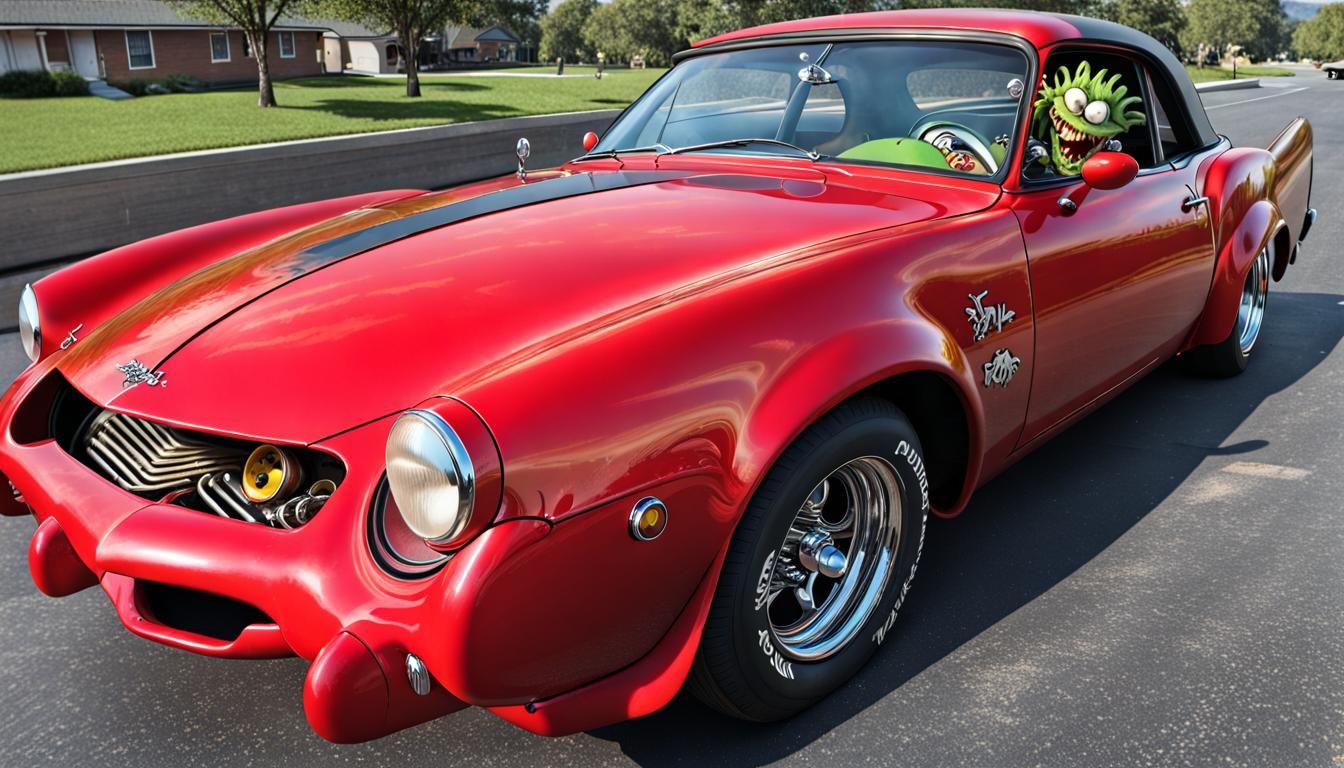 Ratfink Cartoon Character Driving a Car