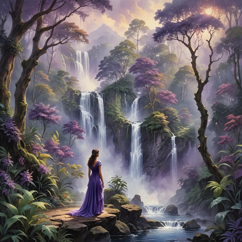 Watercolor Waterfall with Woman in Purple Dress