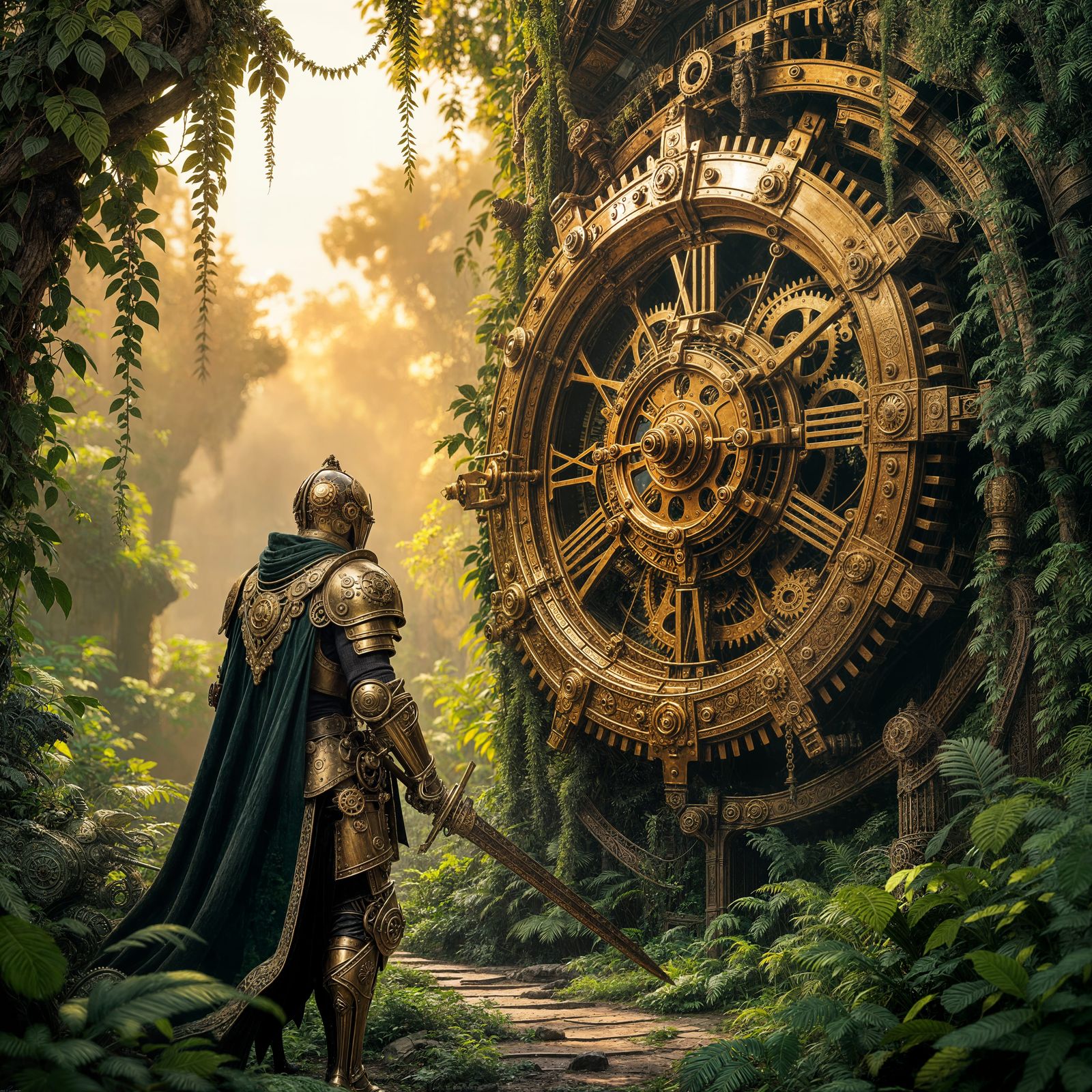 Steampunk Knight in Overgrown Clockwork Jungle