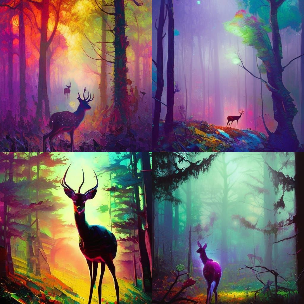 Dramatic Oil Painting: Light Deer in Dark Forest