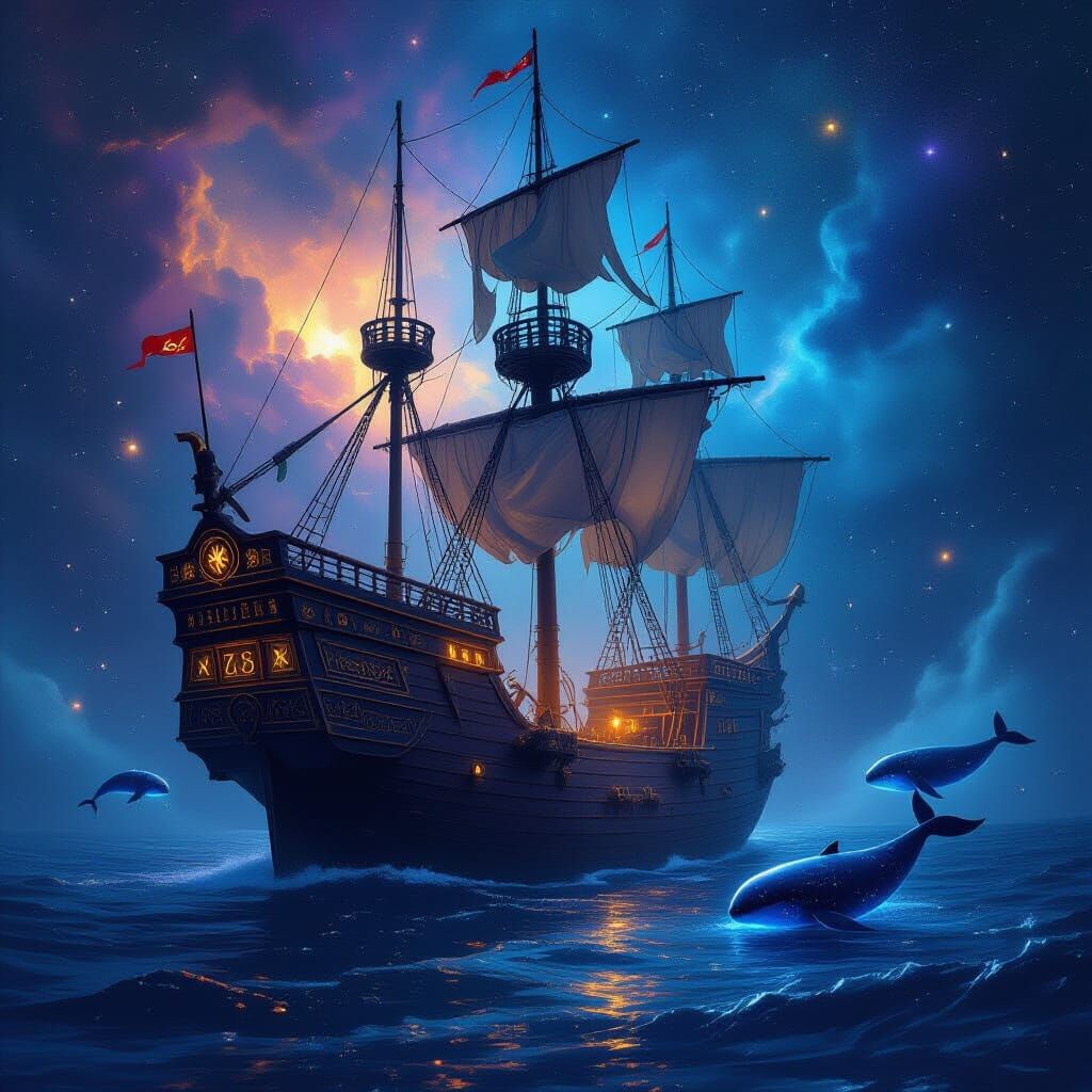Majestic Galleon Drifting Through Cosmic Nebula
