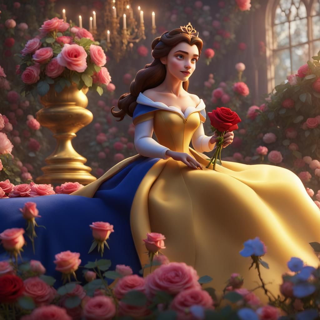Belle Surrounded by Flowers in Disney Cartoon