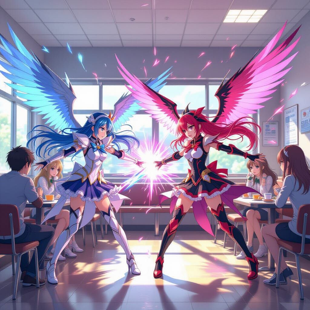 Anime Angels vs Demons Battle in College Lunchroom