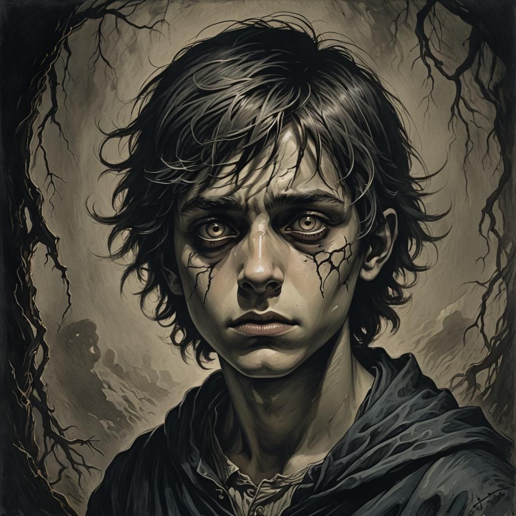 Haunted Boy in Shadows: Dark Fantasy Horror Art