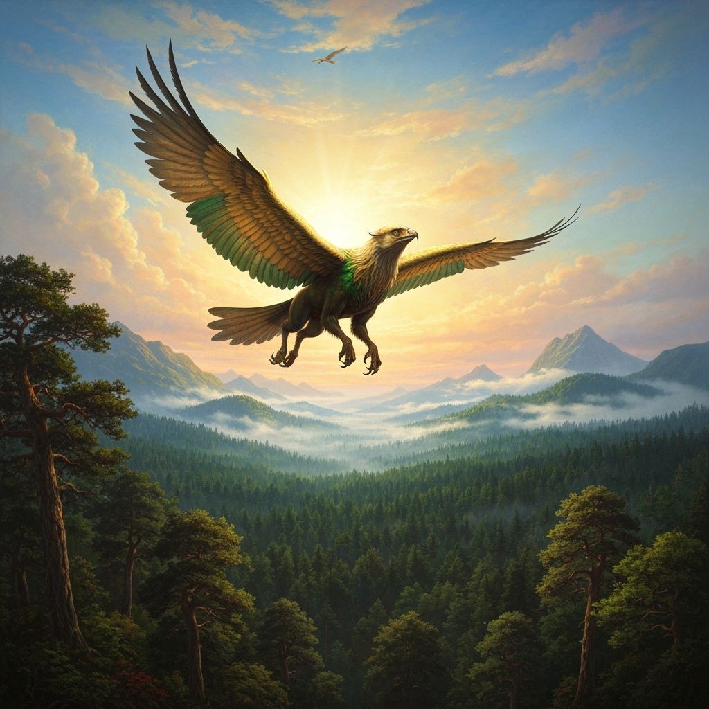 Griffin Soaring Over Ancient Forest in Oil Painting Style