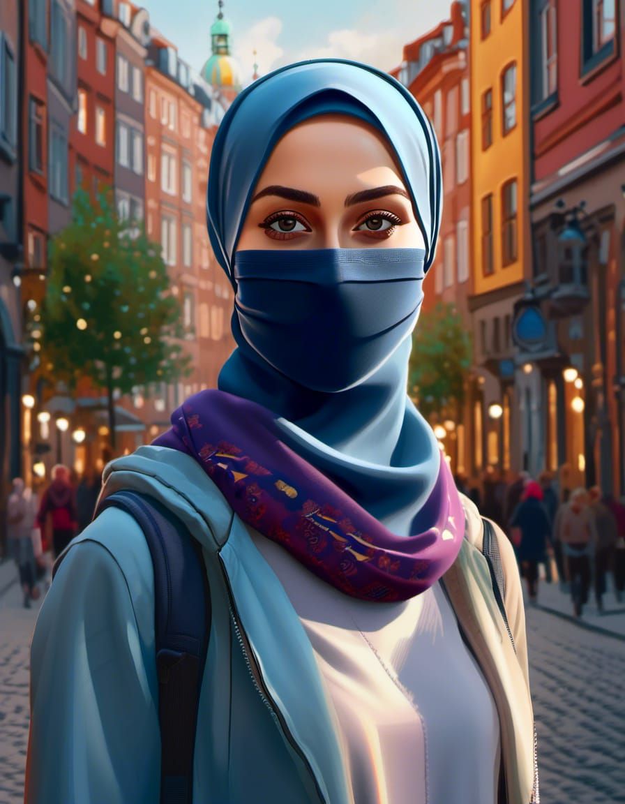 Young Woman in Hijab and Facemask, Oil Painting