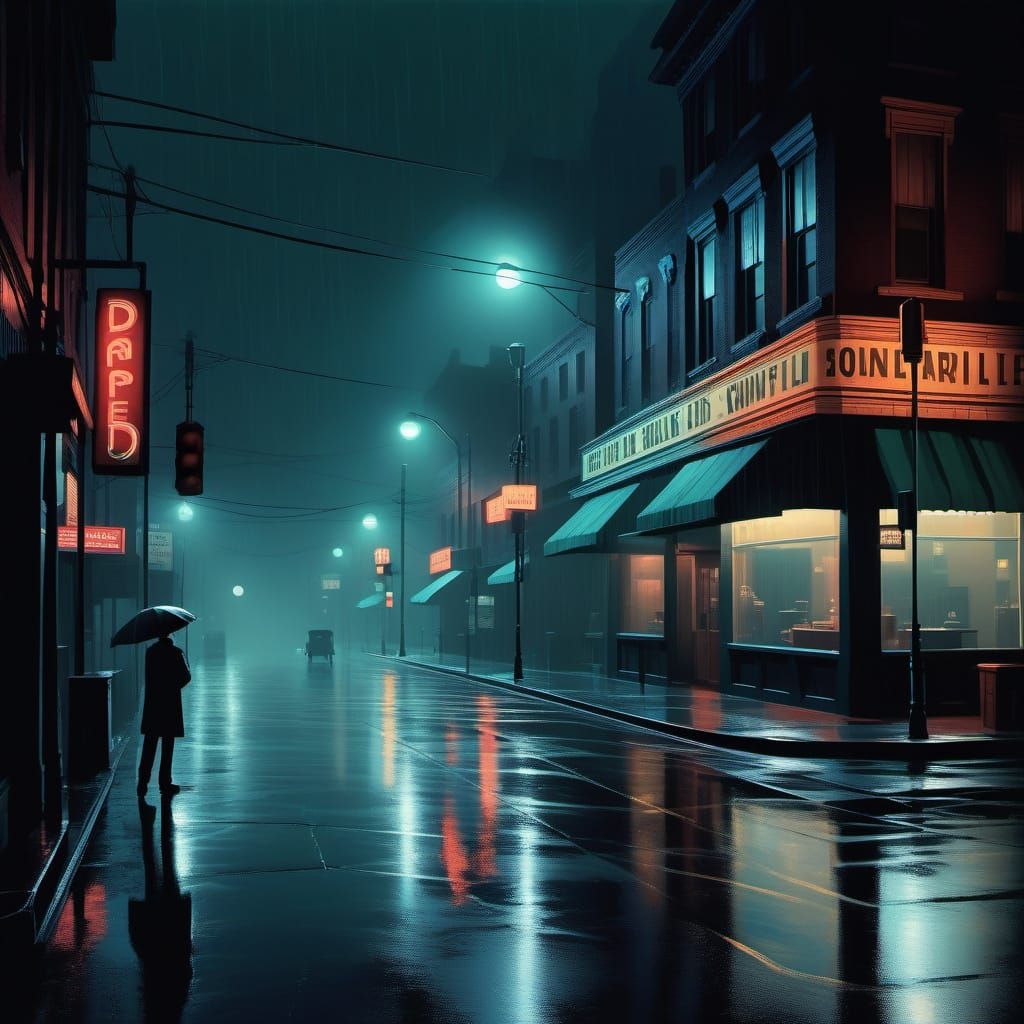 Film Noir Cityscape: Rainy Neon Street in Moody Haze