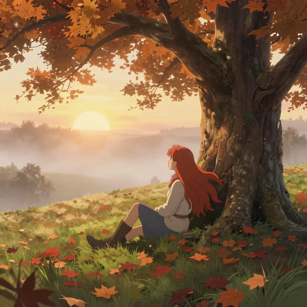 3D Anime Woman Enjoys Misty Autumn Sunrise