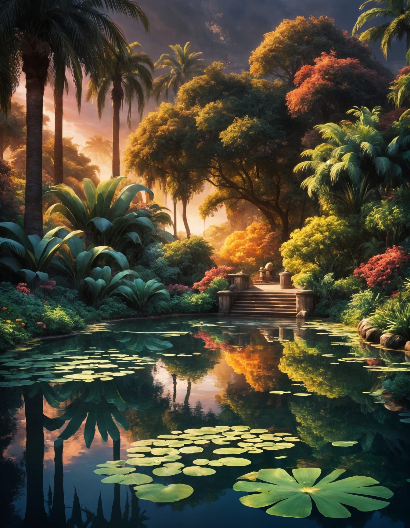 Serene City Park Oasis with Pool Reflection