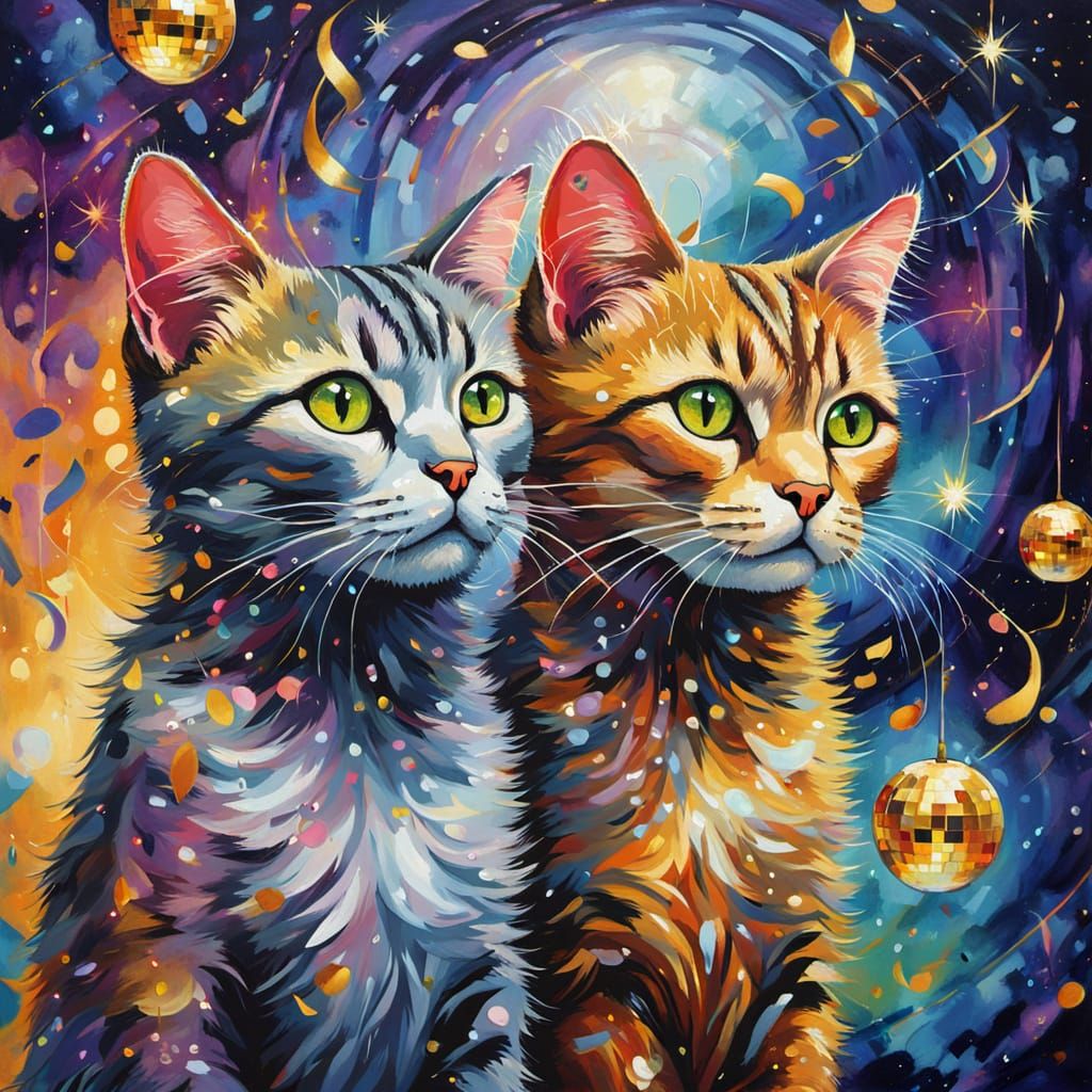 Disco Cats in Glittering Fauvist Oil Painting