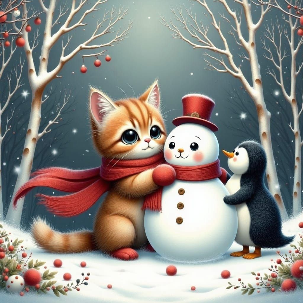 Kitten Builds Snowman in Winter Clothing