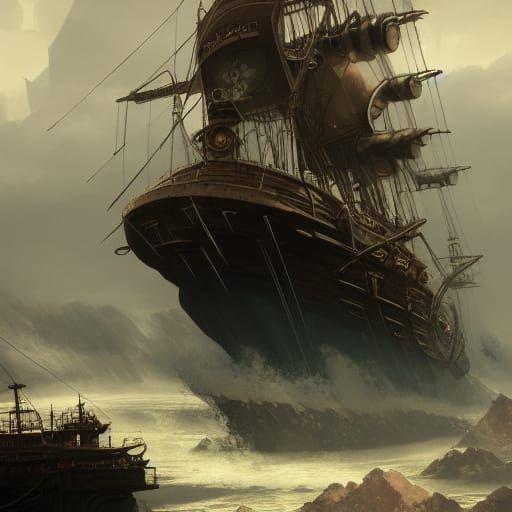 Steampunk Pirate Ship in Fantasy Landscape