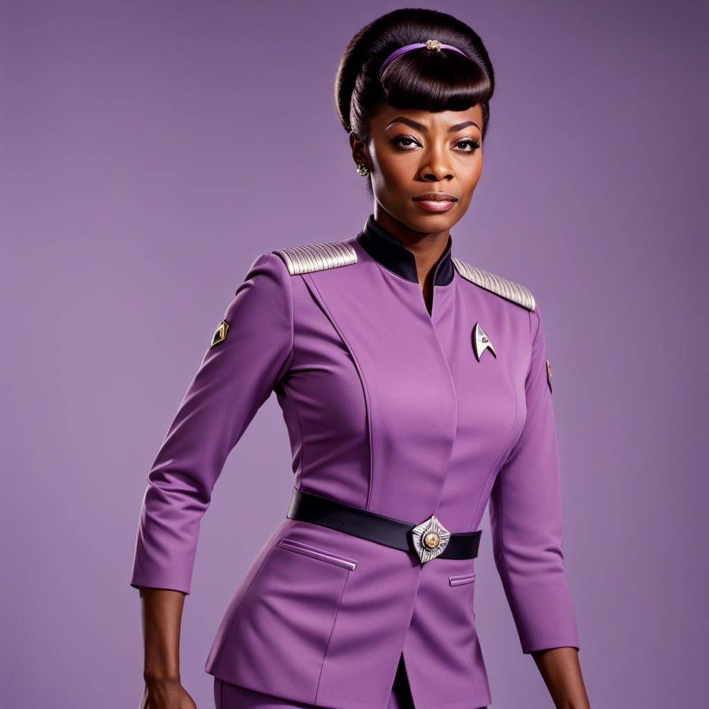 full body portrait of Lieutenant Uhura from Star Trek wearing a lavender colour uniform and a lavender corsage, high res...
