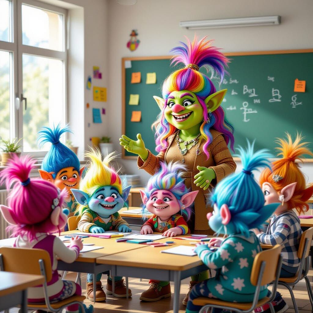 Playful Trolls Learn in Fantasy Classroom Scene