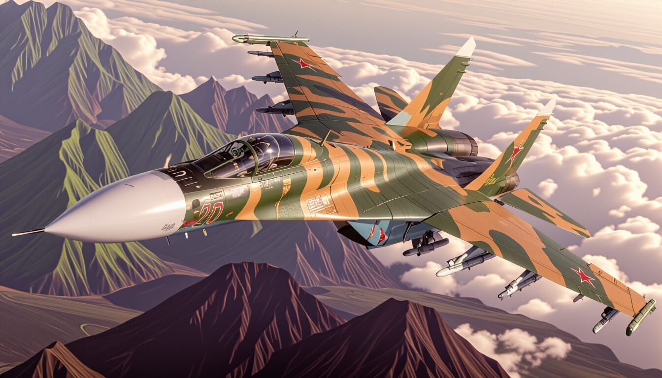 Russian SU-27 Fighter Jet Flies Above Venus Mountains