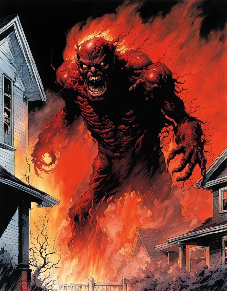 Terrifying Demonic Monster in Burning House