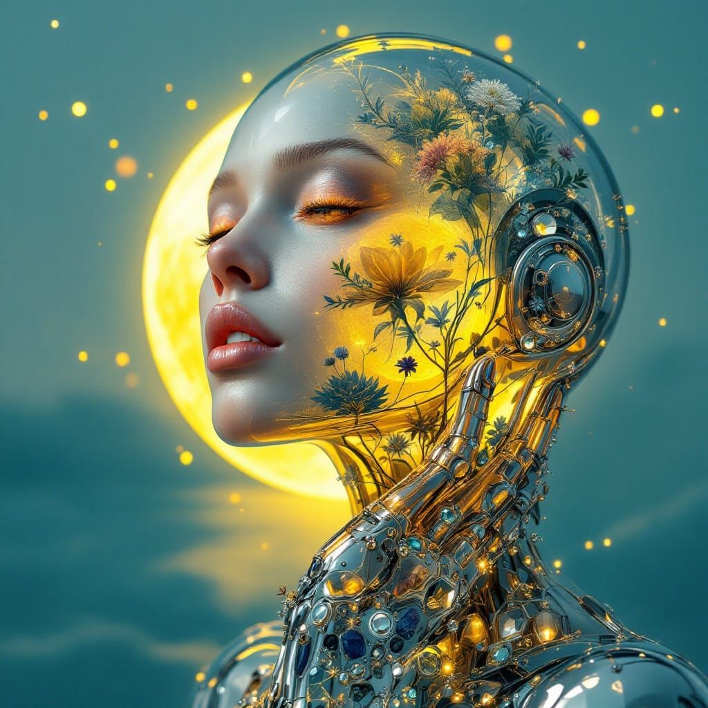 Glass Robot Woman with Flowers and Starry Sky