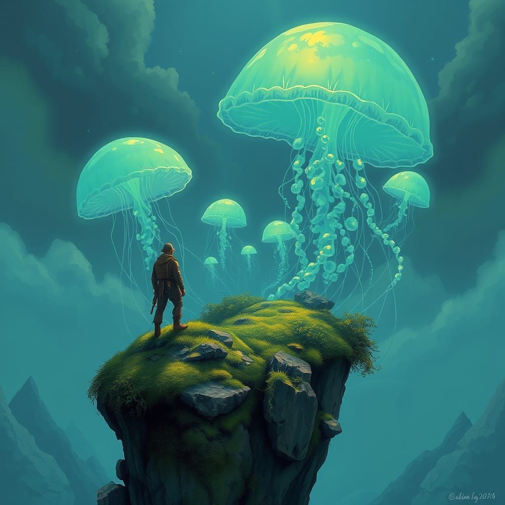 Explorer on a Lush Floating Island, Surrounded by Biolumines...
