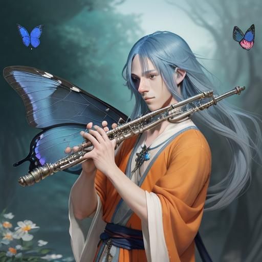 Anime Boy with Butterfly Wings Plays Flute