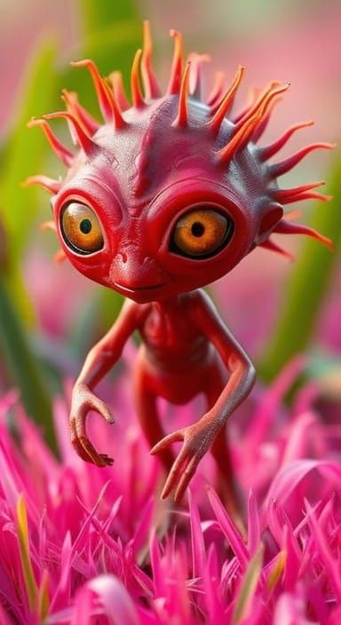 Alien Rambutan Walks on Pink Grass in Fauvist Style