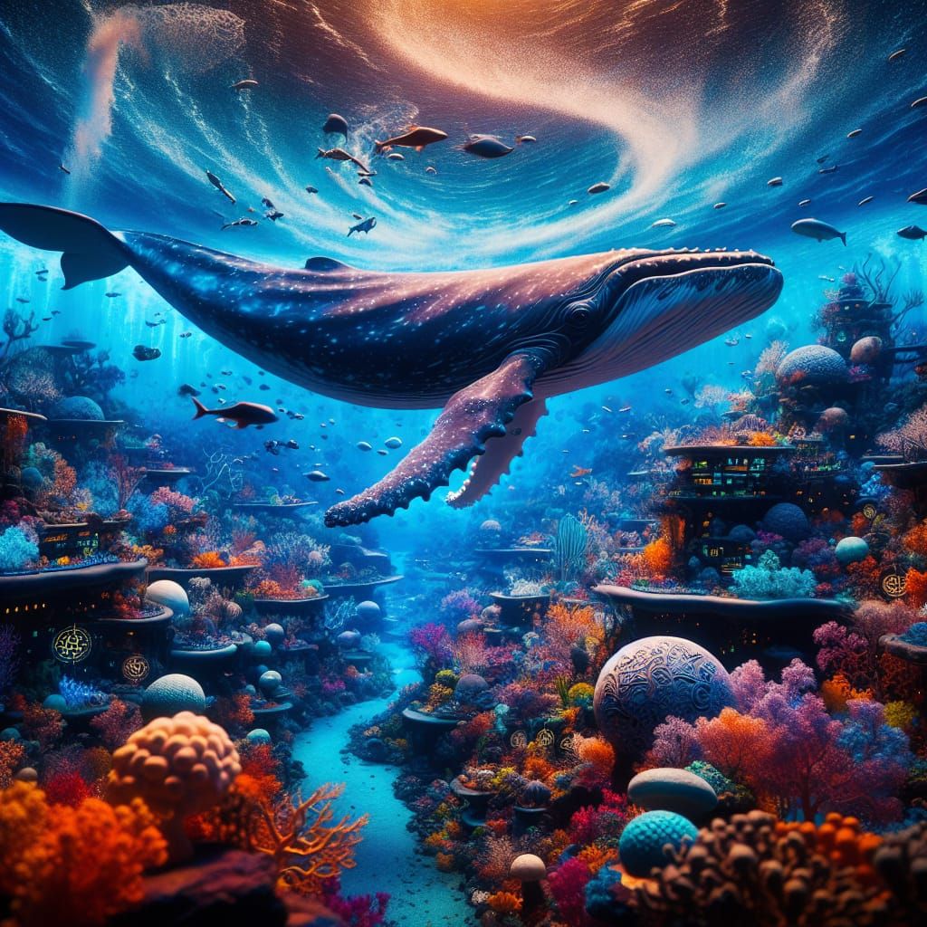 Vibrant Coral Reef with Whale in Underwater Scene